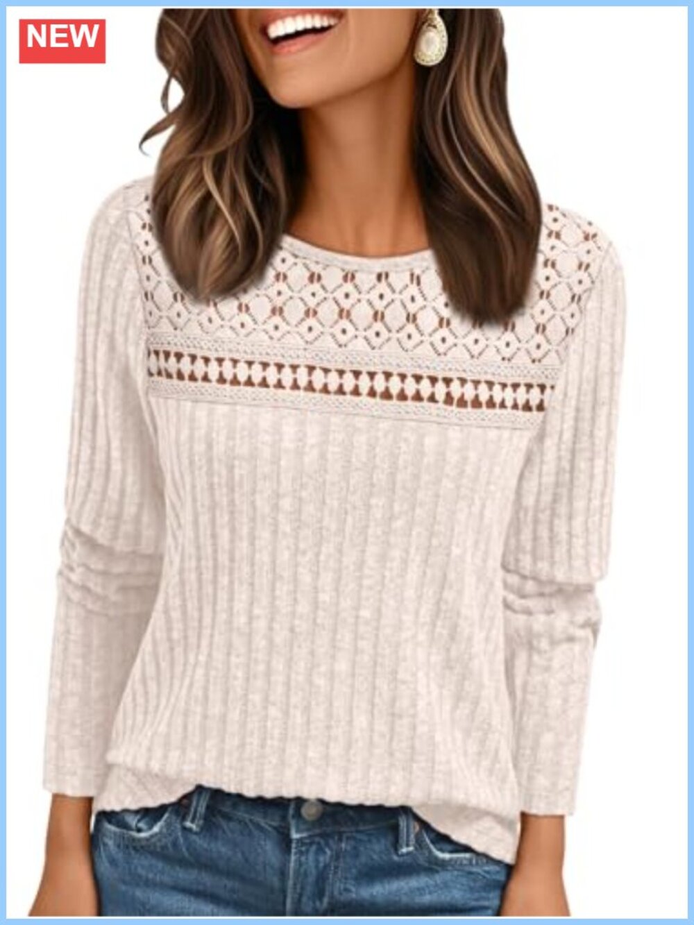 Women's Lace Long Sleeve Ribbed Sweater Pullover Lightweight Knit Tunic